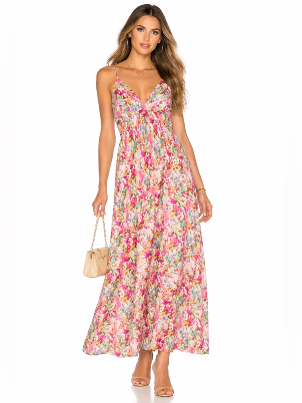 Watercolor Floral Maxi Dress Smocked Waist Tie Front Strappy Small Medium